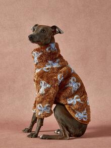 PETSIN Pawparrel 1pc Pet Universal Autumn And Winter Double-Sided Plush Elastic Comfortable Warm Fabric High Neck Fashionable Retro Brown Blue Bow Pattern Dog Sweatshirt - Multicolor - View 6