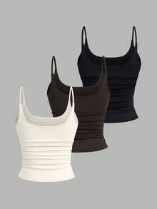 Sweetra 3pcs/Set Women's Sexy Short Casual Commuter Versatile Daily Spaghetti Strap Square Neck Camisole In Apricot, Coffee Brown And Black - Multicolor - View 2