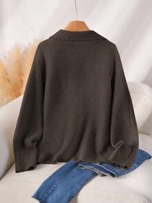 CosyJoli Plus Size Women's Solid Color Turndown Collar Long Sleeve Loose Casual Pullover Sweater, Lightweight Knit Ribbed Sweater, Fall/Winter Brown Sweater - Coffee Brown - View 2