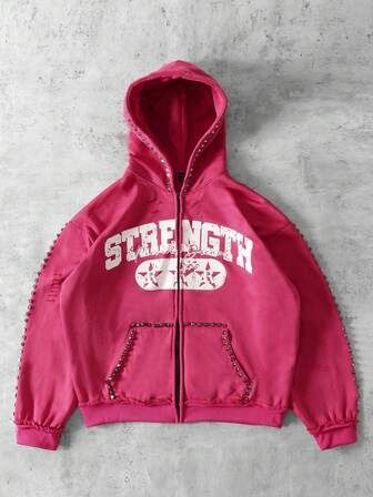 Street Life Sudadera con capucha de hombre con estampado de letras, remaches metálicos y cremallera, corte holgado