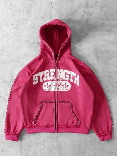 Street Life Sudadera con capucha de hombre con estampado de letras, remaches metálicos y cremallera, corte holgado