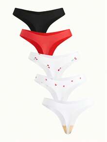 Bonmuse 5条/包 女士时尚樱桃爱心印花丁字裤 - 彩色 - 查看 2