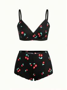 Bonmuse 3pcs Women Heart, Cherry, Leopard Print Ruffled Lace Trim Lingerie Bra Set, Kawaii - Multicolor - View 6