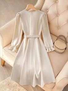Lyxana Women's Elegant Vintage French Style High-Quality Pearl Decor V-Neck Long Sleeve A-Line Dress, Apricot Color, Autumn/Winter - Apricot - View 2