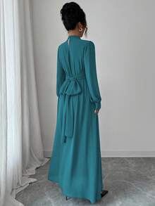 Elenzga 女士优雅休闲雪纺连衣裙，系带腰身，蝴蝶结装饰，立领，长袖，适合通勤、度假、下午茶、派对等场合，纯棕色，春秋冬三季皆宜。 - 水鴨藍 - 查看 2