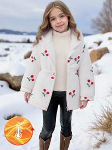 Elladie kids 女童休闲百搭甜美可爱樱桃图案蓬松加厚收腰连帽拉链外套，适合秋冬季日常穿着、上学、户外活动、乡村野餐、家庭聚会等场合。 - 白色 - 查看 1
