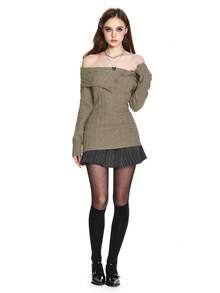 ROMWE Y2K风格露肩罗纹针织毛衣，腰部收紧 - 咖啡棕 - 查看 4