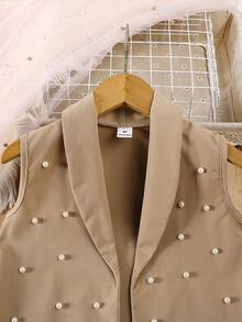 SHEIN Elladie kids 3件套少女粉色西装外套、吊带背心和珍珠短裤套装，休闲优雅夏季装扮 - 卡其色 - 查看 8