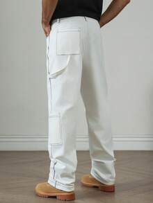 HUEFORM White Woven Fabric Straight Leg Men's Long Pants Business Commuting Style Plain With Zipper Detail - White - View 3