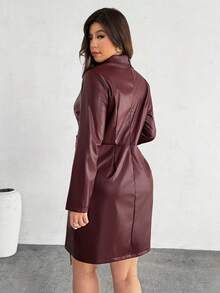 Firerie 大码纯色裹身褶皱长袖连衣裙 - 紅色 - 查看 2