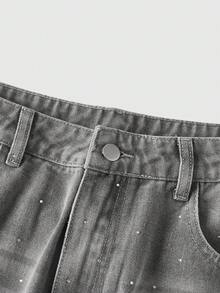 ROMWE MEN Street Life 男士宽松版型水钻装饰口袋阔腿休闲牛仔裤 - 灰色 - 查看 3