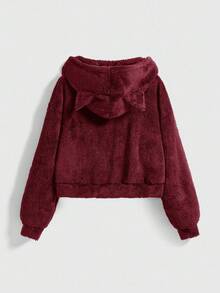 ROMWE Dark Gothic Black Cat Embroidery Thermal Lined Casual Hooded Long Sleeve Sweatshirt For Women, Autumn/Winter - Burgundy - View 2