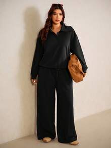 Elaquor Bộ 2 món áo nỉ dài tay rộng rãi, màu trơn, khóa kéo nửa vai, size lớn và quần dài - màu đen - Xem 6