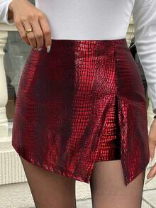 SHEIN Essnce Plus Size Ladies Casual PU Slit Skirt, Summer For Women Carnival - Red - View 1