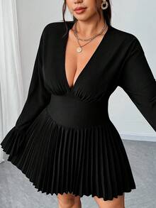 Elenzga Plus-Size Women's Deep V-Neck Skirt With Gathered Cuffs New Year Dress - Black - View 2