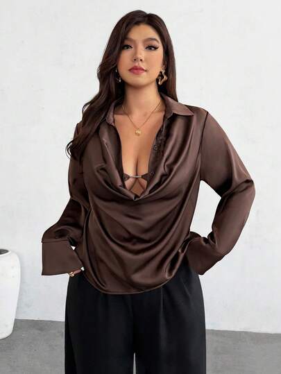 Firerie Blusa de manga larga con cuello drapeado, cintura ceñida y lazo en X, de ajuste regular, en color café oscuro, elegante y versátil, adecuada para maestras en otoño, talla grande