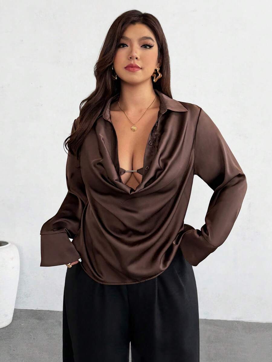 Firerie Blusa elegante, romantica e casual da donna, adatta per l'ufficio e la città, di colore marrone caffè, con collo drappeggiato, maniche lunghe, vita stretta e laccio, vestibilità regular, adatta per insegnanti, autunno