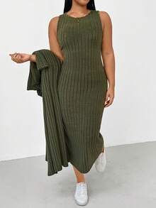 Shapeblank Plus-Size Women's Autumn/Winter Fashionable Casual Loose Comfortable Everyday Brushed Ribbed Warm Long Cardigan Coat And Vest Long Dress Green Two Pieces Set,Fall Outfits,Curve Pants,Simple Style - Green - View 3