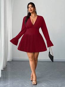 Elenzga Plus Size Elegant Solid Color Flared Sleeve Pleated Hem Midi Dress, Suitable For Commuting - Red - View 5