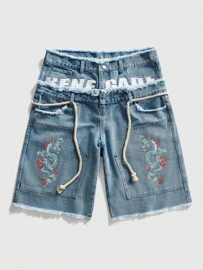 ROMWE MEN Street Life Men's Loose Fit Denim Shorts With Sparkling Diamond Waistband