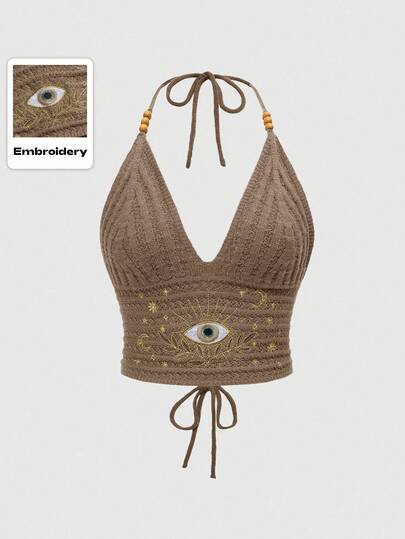 Outfit estivo boho da donna, stile hippie da vacanza, con ricamo di occhi, luna e stelle, top lavorato a maglia con perline blu-verde