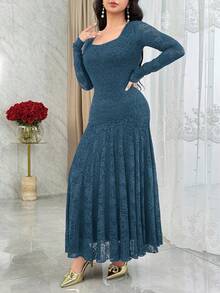 Modelyn Gaun Koktail Elegan dengan Leher Persegi, Renda, dan Pinggang yang Dirampingkan, serta Potongan Rok Model Duyung. - Biru - View 4