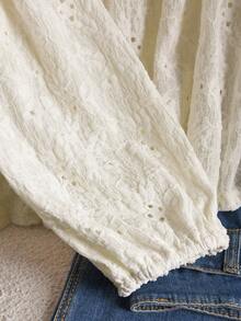 CosyJoli Áo thun Jacquard cỡ lớn cho nữ Áo cánh ren màu mơ dễ thương Áo thun mùa thu cỡ lớn đáng yêu - Màu be - Xem 4