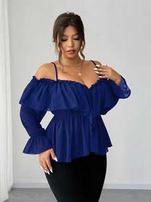 Elenzga Blusa sexy de hombros descubiertos y espalda descubierta de talla grande - azul real - Ver 1