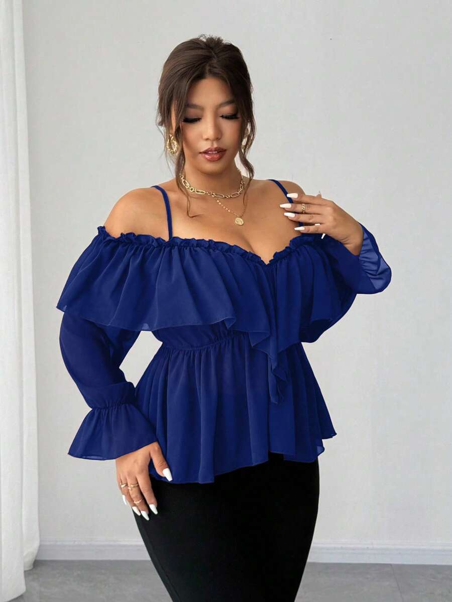 Elenzga Blusa sexy de hombros descubiertos y espalda descubierta de talla grande - azul real - Ver 1