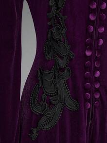 ROMWE Gothic Retro Palace Style Contrast Color Lace Trim Velvet Long Jacket For Women - Purple - View 5