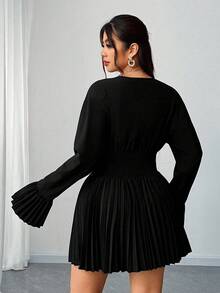 Elenzga Plus-Size Women's Deep V-Neck Skirt With Gathered Cuffs New Year Dress - Black - View 4
