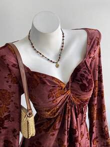 Lyxana Vintage Burgundy Flocked Twist Front A-Line Long Sleeve Party Top For Women - Burgundy - View 4