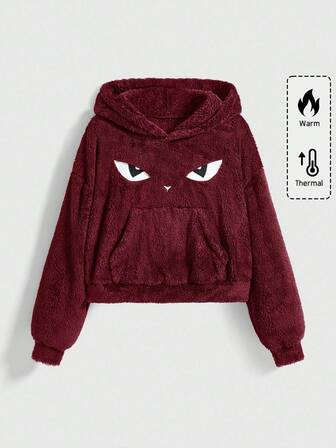 Goth Sudadera con capucha de manga larga, forro térmico, estilo casual con bordado de gato negro gótico para mujer, otoño/invierno