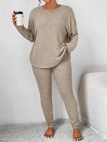 SHEIN Frenchy Plus Size Casual Solid Color Long Sleeve Top And Pants 2 Pieces Set, Autumn - Apricot - View 3