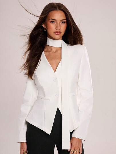 Avenya 性感深V领纽扣西装套装+长领带，优雅收腰设计，金·卡戴珊风格，职场女神，性感女神，西装风，学术氛围，辣妹风，宫廷风，完美契合白色主题新年庆祝活动，可作为圣诞礼物、情人节礼物，或送给女友或闺蜜的贴心礼物。