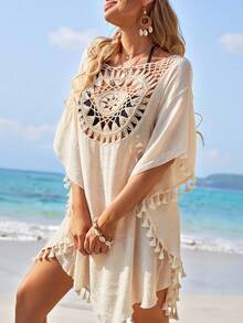 Swim Lushoire Summer Beach Crochet Panel Fringe Decorated Cover Up Dress Wedding