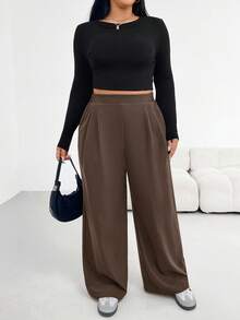 Shapeblank Plus-Size Women's/Fashionable Casual Loose Comfortable Everyday Basic Versatile Elastic Waist Brown Wide-Leg Pants Outfits,Women Bottom,Old Money Style,Work Pants Spring - Brown - View 7