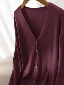 CosyJoli Cárdigan de manga larga con botones y unicolor, informal y holgado, para mujer de talla grande en otoño/invierno - Rojo violeta - Ver 3