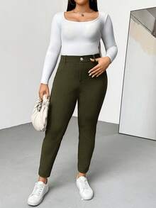 SHEIN Essnce 大码女装春夏时尚休闲舒适基础款日常百搭修身高弹力紧身裤，女士下装，曲线裤，工作裤，办公室女装，机场女装，简约风格，教师装，弹力舒适裤 - 軍綠色 - 查看 7