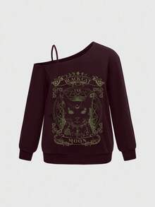 ROMWE Goth Áo nỉ rộng vai chéo họa tiết mèo đen bí ẩn cỡ lớn cho nữ, màu tím đậm - Màu tím - Xem 4