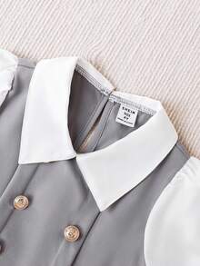 SHEIN Elladie kids 少女藏蓝色翻领双排扣褶裥下摆长袖两用连衣裙，适合休闲、优雅、通勤、校园等场合。 - 灰色 - 查看 7