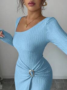 Elenzga Women's Solid Color Fashion Solid Color Twisted Long Dress ,Irregular-Neck Knitted Texture Tight Bodycon, Twisted And Slit Design Dress,Classy Outfits For Women,Fall Women Clothes,Winter Modest Clothes For Women - Blue - View 5