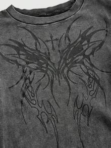 ROMWE Grunge Punk Punk Style Cyber Rune Thorn Butterfly Bat Print Women Tight Fit T-Shirt - Black - View 3
