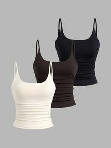 Sweetra 3pcs/Set Women's Sexy Short Casual Commuter Versatile Daily Spaghetti Strap Square Neck Camisole In Apricot, Coffee Brown And Black - Multicolor - View 1