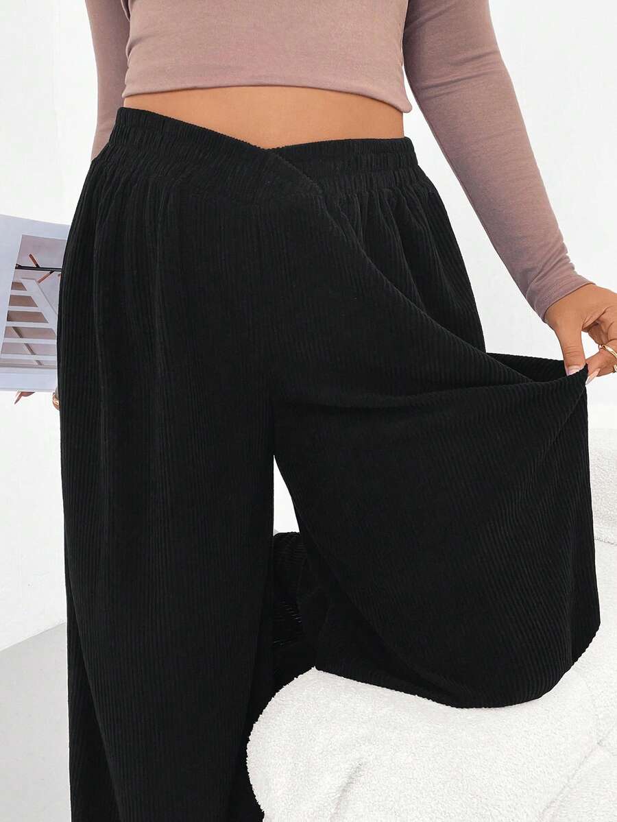 Shapeblank Quần ống rộng màu đen thời trang mùa thu/đông rộng rãi thoải mái hàng ngày bằng vải nhung kẻ cạp chun co giãn cỡ lớn dành cho nữ, quần mùa đông, quần nữ, trang phục mùa đông - màu đen - Xem 1