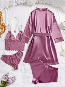 SHEIN Bộ đồ ngủ nữ 5 món, Bộ đồ ngủ ren hoa màu trơn thanh lịch - Áo hai dây cổ chữ V bán trong suốt, Quần lót tam giác, Quần short satin, Áo choàng dài tay có thắt lưng, Đồ ngủ nữ mặc nhà - Màu tím - Xem 2