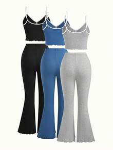 Bonmuse 3pcs/Set Women Solid Color Ruffle Trim Bow Camisole Top & Pants Pajama Setfor Summer - Multicolor - View 3