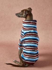 1件宠物通用秋冬双面毛绒弹力舒适保暖面料高领时尚复古棕蓝条纹图案狗狗连帽衫 - 彩色 - 查看 7
