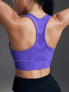 Powerista Reggiseno sportivo aderente e alla moda con scollo a barca e schiena scoperta, di colore unito - Viola - Visualizzare 2