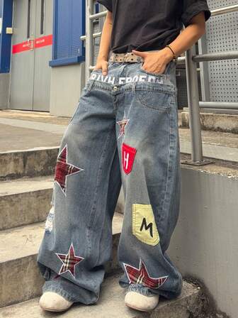 Prep Herren Loose Fit Jeans mit Sternstickerei und ausgestelltem Bein mit Doppelgürtelband